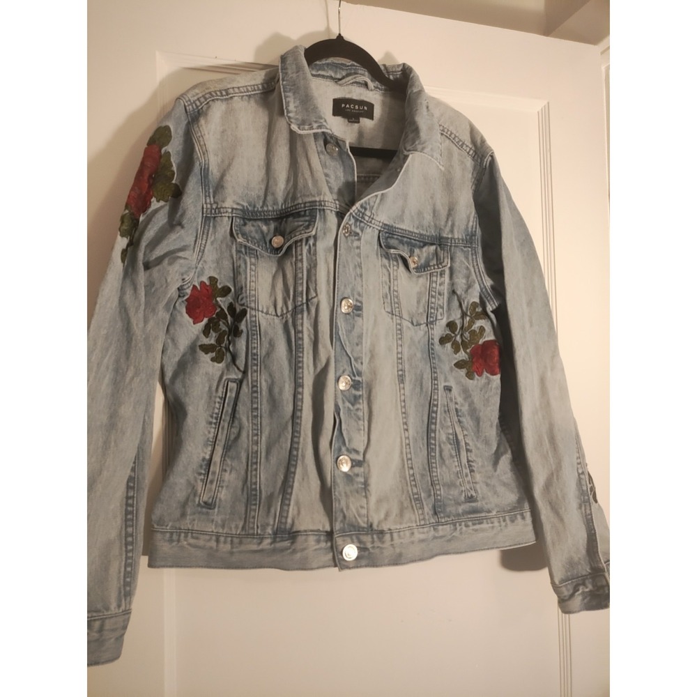 PacSun Los Angeles Floral Embroidered Denim Jacket Light Wash Rose Womens Large